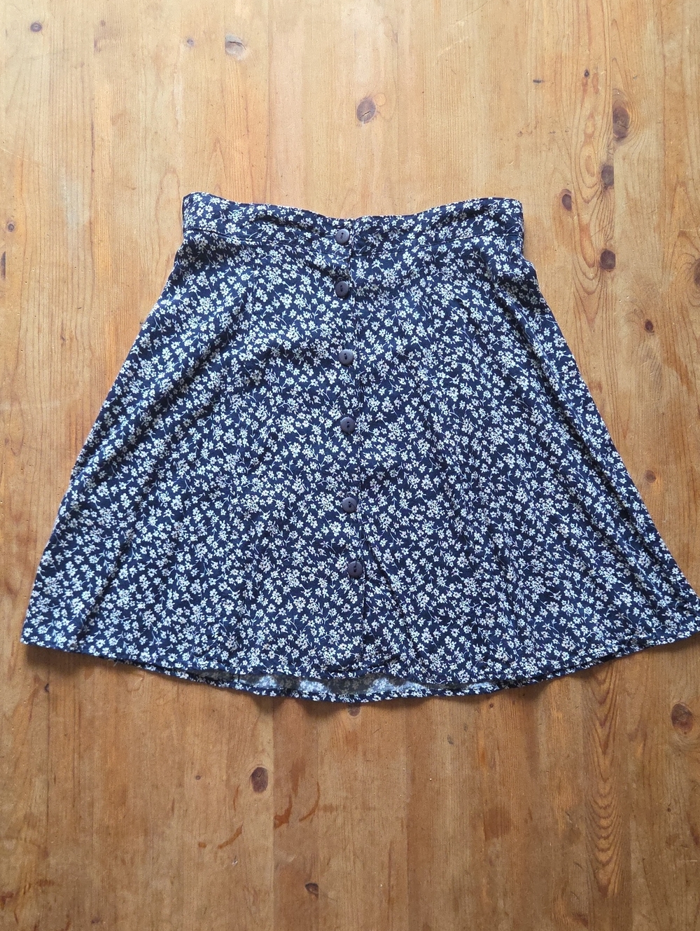 Vintage 90s SMW Button Front Ditsy Floral Rayon Skater Skirt Navy Multi XS